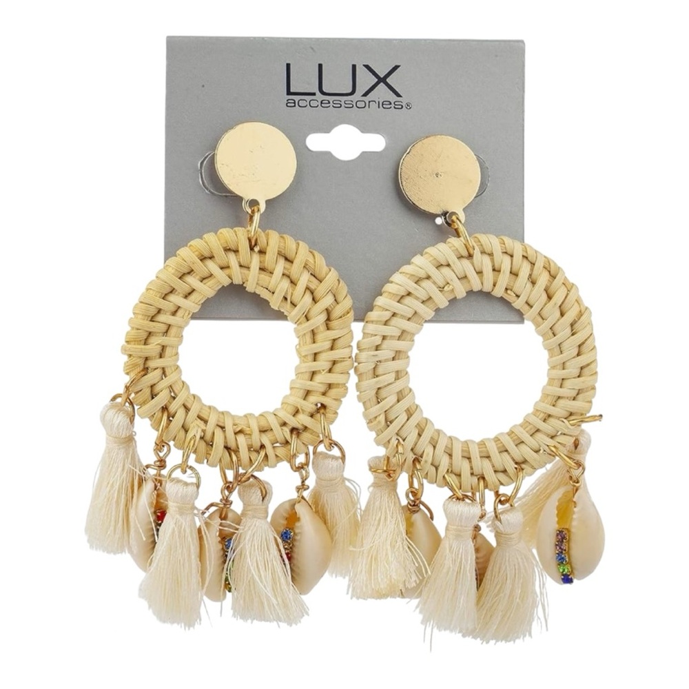 LUX Goldtone Rattan Multicolor Rhinestone Tinsel Seashell Hoop Earrings NWT